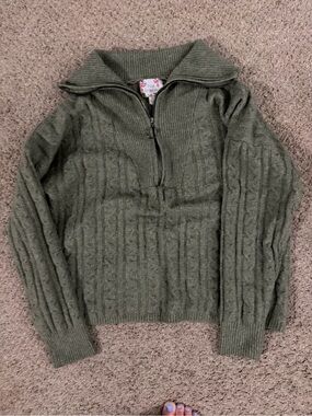 Pink Republic Olive Green Half-Zip Cable Sweater